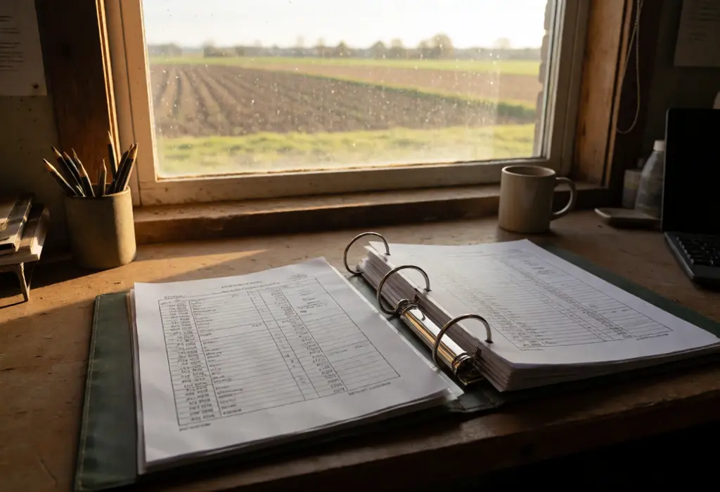 Aufgeschlagener Ordner mit Schlagaufzeichnungen auf einem Hofbüro-Tisch, dahinter das Fenster mit Blick auf einen frisch bestellten Acker